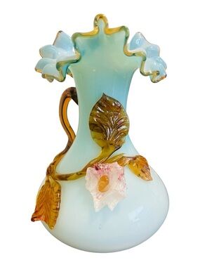 Victorian Bohemian Satin Glass Ewer Vase 6” Applied Floral Amber Handle Antique